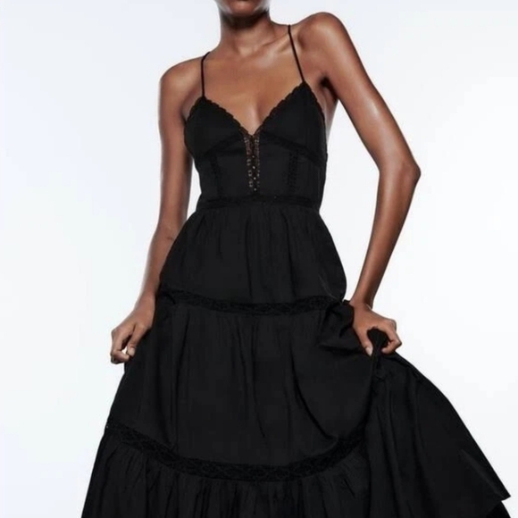 Zara Dresses & Skirts - Zara Black Cotton Lace Tiered Midi Dress Size Large Cross Strap Open Back Vacay
